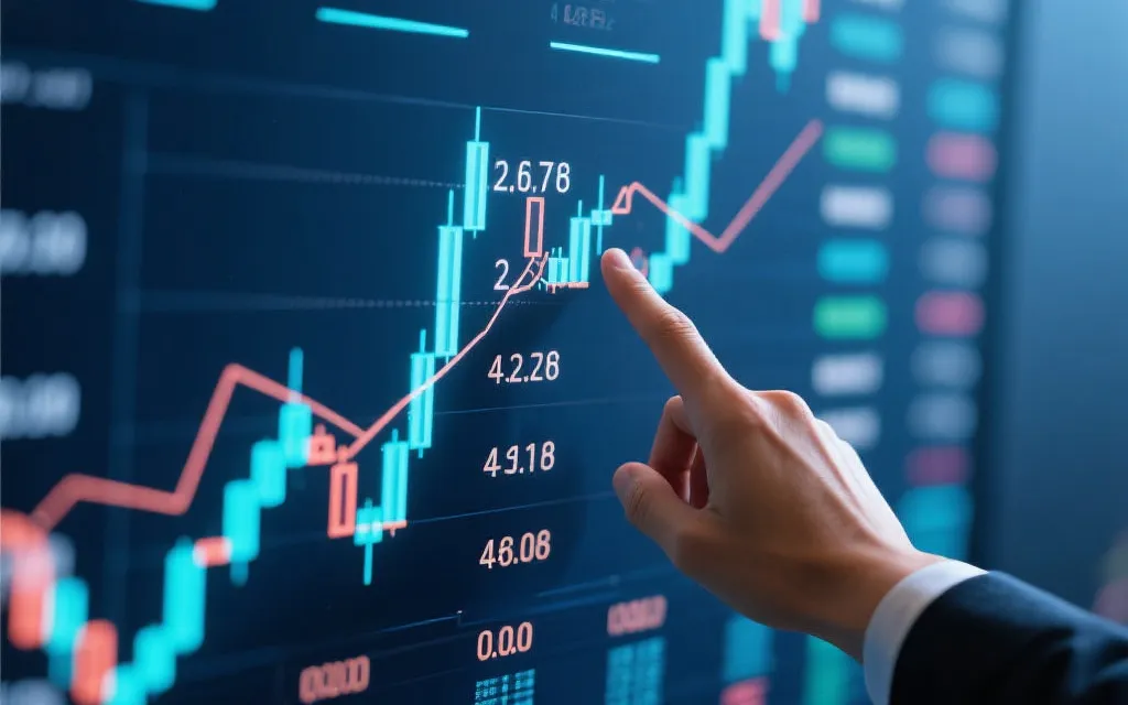 数字走势图表，数据分析师用手指追踪趋势